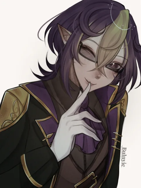 Personagem de cabelo roxo com mecha verde, óculos e casaco preto com detalhes dourados, com o dedo nos lábios