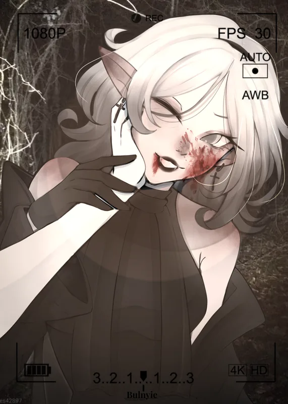 Vampira de cabelo branco com sangue no rosto e brincos de cruz, em moldura de câmera com REC e 1080P, em uma floresta seca