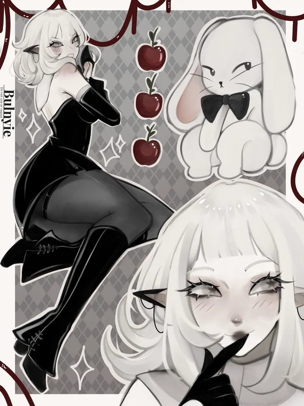 Folha de personagem de uma garota elfa de cabelo branco com vestido e botas pretas, ao lado de um coelho de laço, maçãs vermelhas e um close do rosto